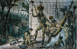 祭りの準備をするカマカン族インディアンの酋長の家族（パリで出版されたJean-Baptise Debret（1768-1848）の「Voyage Pittoresque et Historique au Bresil」からの挿絵