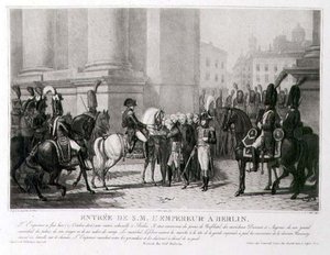 1806年10月のナポレオンのベルリン入場、ルイ・ジャン・アレー（1762-1833）の彫刻（リトグラフ）。 作： Jean Baptiste (after) Debret