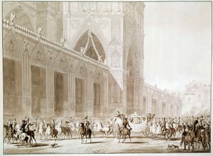 皇帝ナポレオン1世（1769-1821）とインプレス・ジョゼフィーヌ・ド・ボーアルネ（1763-1814）が聖なる日にパリ・ノートルダム大聖堂に馬車で到着する様子 ジャン・バティスト・イサビー（1767-1855）の「聖なる書」の後のプリント 19世紀 作： Jean Baptiste (after) Isabey