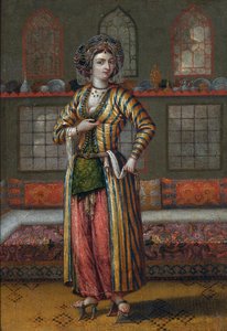 "Portrait de femme de la noblesse de Constantinople chaussee de chaussures de hamam" （ハマムの靴を履いたコンスタンティノープルの高貴な女性） ジャン・バティスト・ヴァンムール（ヴァンムール）の流派による絵画 油彩・キャンバス 25,5x18 - 個人蔵 作： Jean Baptiste (circle of) Vanmour