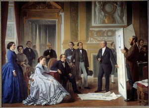 建築家ルイ・ヴィスコンティ（1791-1853）がナポレオン3世にルーヴル新館の設計図を提出 アンジェ・ティシエ（1814-1876）の絵 1865年、油彩・キャンバス 作： Jean Baptiste Ange Tissier