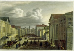 モスクワのトヴェルスカヤ通り（モスクワのトヴェルスカヤ通り）。 Auguste Jean Baptiste Antoine Cadolie (1782-1849) の作品、リトグラフ、水彩で着色