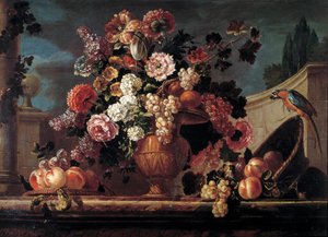 花と果物とオウム フォントネーのジャン・ブラン（またはブラン、ベラン）（1653-1715）による絵画 18世紀のオルレアン。美術博物館 作： Jean Baptiste Belin de Fontenay