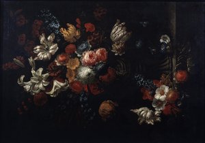 「ブーケの静物」（花）ヤン・バプティスト・ボスハールト（1667-1746）による絵画、18世紀のプーシキン美術館、モスクワの個人コレクション 作： Jean Baptiste Bosschaert