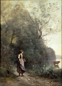 森の端で牛を放牧している農民の女性、1865-70年 作： Jean Baptiste Camille Corot