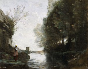 正方形の塔のある川と前景に農夫、1865-70年 作： Jean Baptiste Camille Corot
