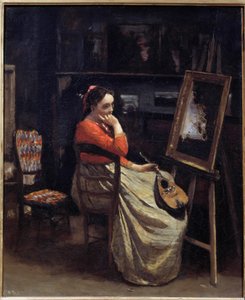 画家のアトリエで、マンドリンを手に物思いにふける若い女性 絵画 カミーユ・コロー（1796-1875） 1865年 日。0,56x0,46 m パリ、オルセー美術館 作： Jean Baptiste Camille Corot