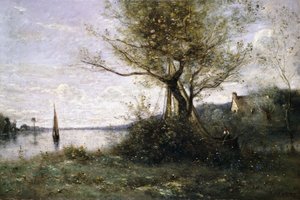 島の端にあるボート、 作： Jean Baptiste Camille Corot