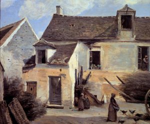 パリ近郊の農民の家の中庭 カミーユ・コロー（1796-1875）の絵 19世紀 日0,46x0,56 m パリ、オルセー美術館 作： Jean Baptiste Camille Corot