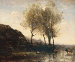 クールヒルズの麓で休憩する牛飼い、1855-65年 作： Jean Baptiste Camille Corot