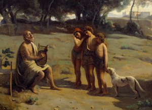 絵画「ホメレと羊飼いたち」のディテール。パトモス島のギリシャの詩人と3人の少年たち。カミーユ・コロー（1796-1875）による絵画 1845年 日0.8x1.3 m サンロー、ボザール美術館 作： Jean Baptiste Camille Corot