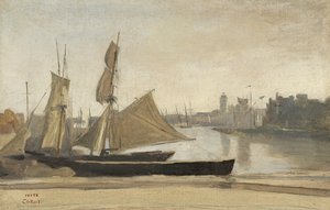 ダンケルク、埠頭につながれた漁船、1830年頃 作： Jean Baptiste Camille Corot