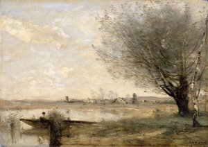 堤防に係留された漁師（油彩・キャンバス） 作： Jean Baptiste Camille Corot