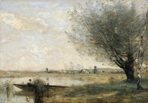 堤防に係留された漁師」1865-70年。   作： Jean Baptiste Camille Corot