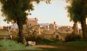 フランス語  Vue depuis les Jardins Farnèse ローマ、ファルネーゼ庭園からの眺め 作： ジャン・バプティスト・カミーユ・コロー