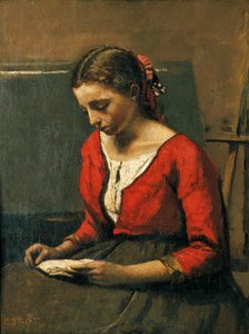 ジャン・バティスト・カミーユ・コロー（1796-1875）による読書の少女 作： Jean Baptiste Camille Corot