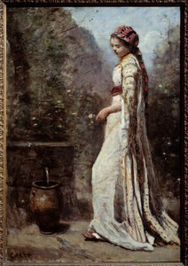ギリシャの少女は泉を持っているカミーユ・コロー（1796-1875）の絵 作： Jean Baptiste Camille Corot
