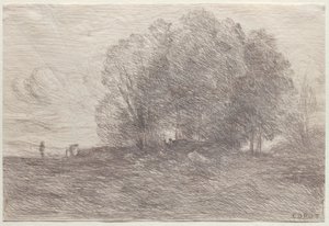 木のグループ、1858。 作： Jean Baptiste Camille Corot