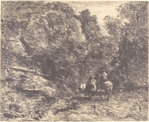 森の騎手と放浪者 森の騎手と歩行者、1854年。 作： Jean Baptiste Camille Corot