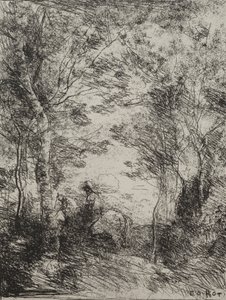 1921年に印刷された「森の騎士」、オリジナルの印象1854年。 作： Jean Baptiste Camille Corot
