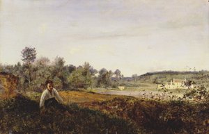 アヴレイのヴィルの谷の眺めに座る若いパトル 1870年頃（油彩・キャンバス 作： Jean Baptiste Camille Corot