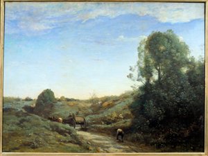 La Charrette - Marcoussis（Montlheryの近く）のお土産。カミーユ・コロー（1796-1875）の絵画、1855年頃。キャンバスに油彩。寸法：0.97 x 1.30m。パリ、オルセー美術館（Musee d