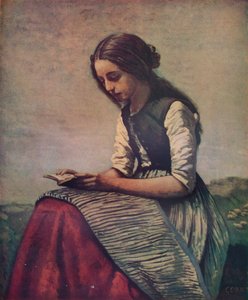 リトルリーディングライトまたは若い羊飼いの座りと読書、c1855 作： Jean Baptiste Camille Corot