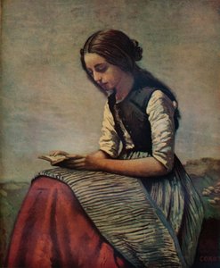 リトルリーディングライトまたは若い羊飼いの座りと読書、c1855 作： Jean Baptiste Camille Corot