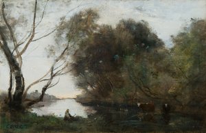 湖です。沈む太陽、c1820-1860 作： Jean Baptiste Camille Corot