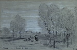 風景、1864年（紙に黒と白のチョーク） 作： Jean Baptiste Camille Corot