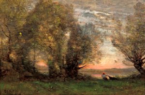 「漁師、夕方の効果」（漁師、夕方の効果） ジャン=バティスト・カミーユ・コロー（1796-1875）による絵画 - 1860-1870年頃 - キャンバスに油彩 Dim 27.7x41.4 cm アートギャラリーオブサウスオーストラリア 作： Jean Baptiste Camille Corot