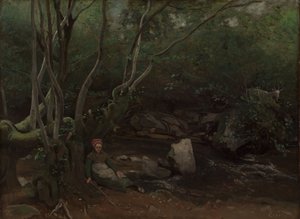 ロルメス：森の中の小川のそばに座っているヤギの女の子 作： Jean Baptiste Camille Corot