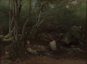 ローム森の小川のほとりに座るヤギの少女 作： Jean Baptiste Camille Corot