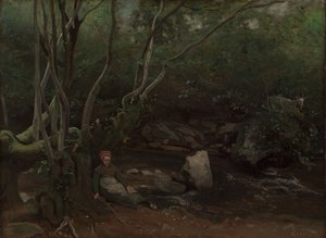 ロルムス：森の小川のそばに座る山羊少女、1842年。 作： Jean Baptiste Camille Corot