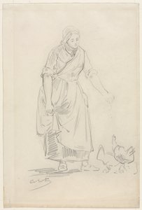 鶏に餌をやる農民の少女 作： Jean Baptiste Camille Corot