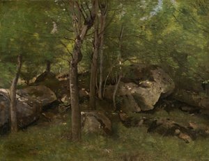フォンテーヌブローの森の岩石、18601865年。 作： Jean Baptiste Camille Corot