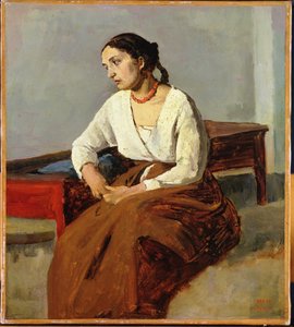茶色のスカートに座っている女性 作： Jean Baptiste Camille Corot