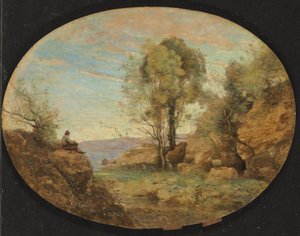 ロッキー渓谷を見下ろす羊飼い、1859 作： Jean Baptiste Camille Corot