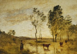 フォード;フォードの端にある牛。ル・ゲ;ボードデュグエの牛、1870年から1873年頃 作： Jean Baptiste Camille Corot
