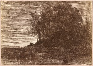 隠者の森、あるいはトラジメーヌ湖のほとり』1858年（ドローイング） 作： ジャン・バプティスト・カミーユ・コロー