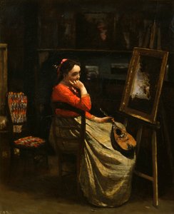 コロットのワークショップ、赤いブラウスを持つ若い女性、1865-1870。 作： Jean Baptiste Camille Corot