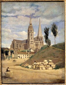 シャルトルの大聖堂です。シャルトルのノートルダム大聖堂の外観 - カミーユ・コロー（1796-1875）の絵画 作： Jean Baptiste Camille Corot