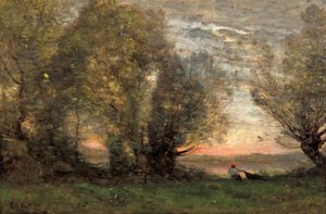 漁師、夕方の効果、ca 1860-1870 作： Jean Baptiste Camille Corot