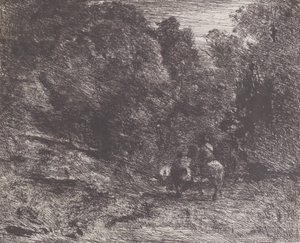 森の中の二人の旅人 森の中のライダーと歩行者、1854年。 作： Jean Baptiste Camille Corot