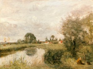 パルエルの沼地からのアルルーの眺め、1873 作： Jean Baptiste Camille Corot