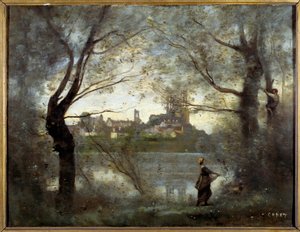 マンテスの眺望（イブリン、マンテス・ラ・ジョリー） カミーユ・コロー（1796-1875）の絵画 1865年 日：0,42x0,55 m ランス、ボザール美術館 作： Jean Baptiste Camille Corot
