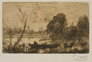 ヴィル・ダヴレイ船頭のいる池、夕方 作： Jean Baptiste Camille Corot