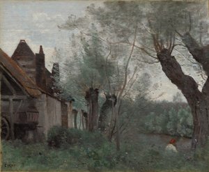 サント・カトリーヌ・レ・アラスの柳と農家 作： Jean Baptiste Camille Corot
