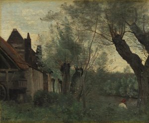 1871年のサントカトリーヌレアラの柳と農家 作： Jean Baptiste Camille Corot