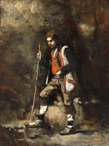 山の上の若いイタリアの少年。山の若いイタリア人パター、1845-55年 作： Jean Baptiste Camille Corot